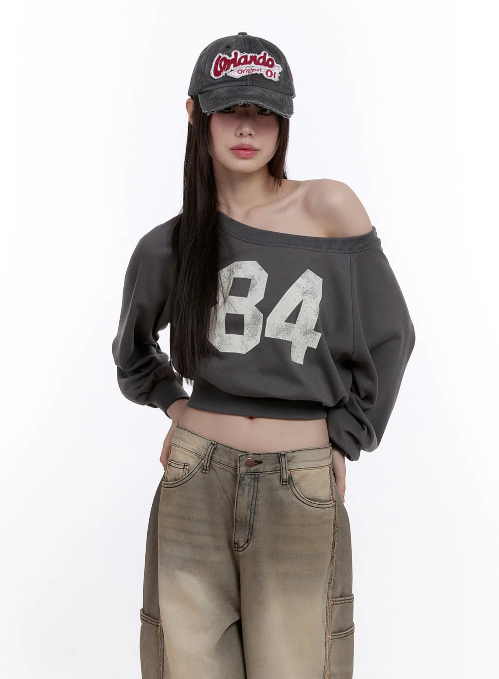 84 Graphic One-Shoulder Cropped Sweatshirt CF512 - Image 8