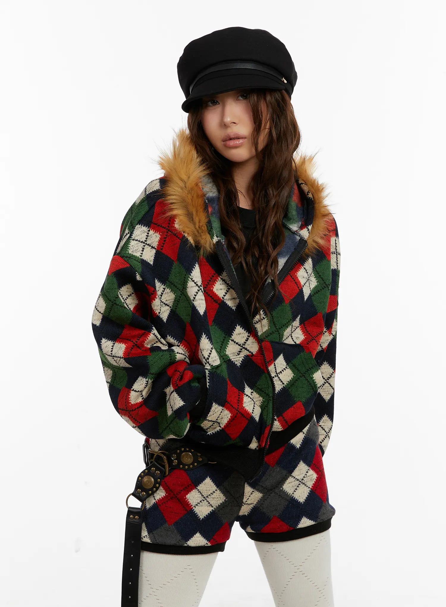 Argyle Faux Fur Trim Zip-Up Hoodie CD512 - Image 10