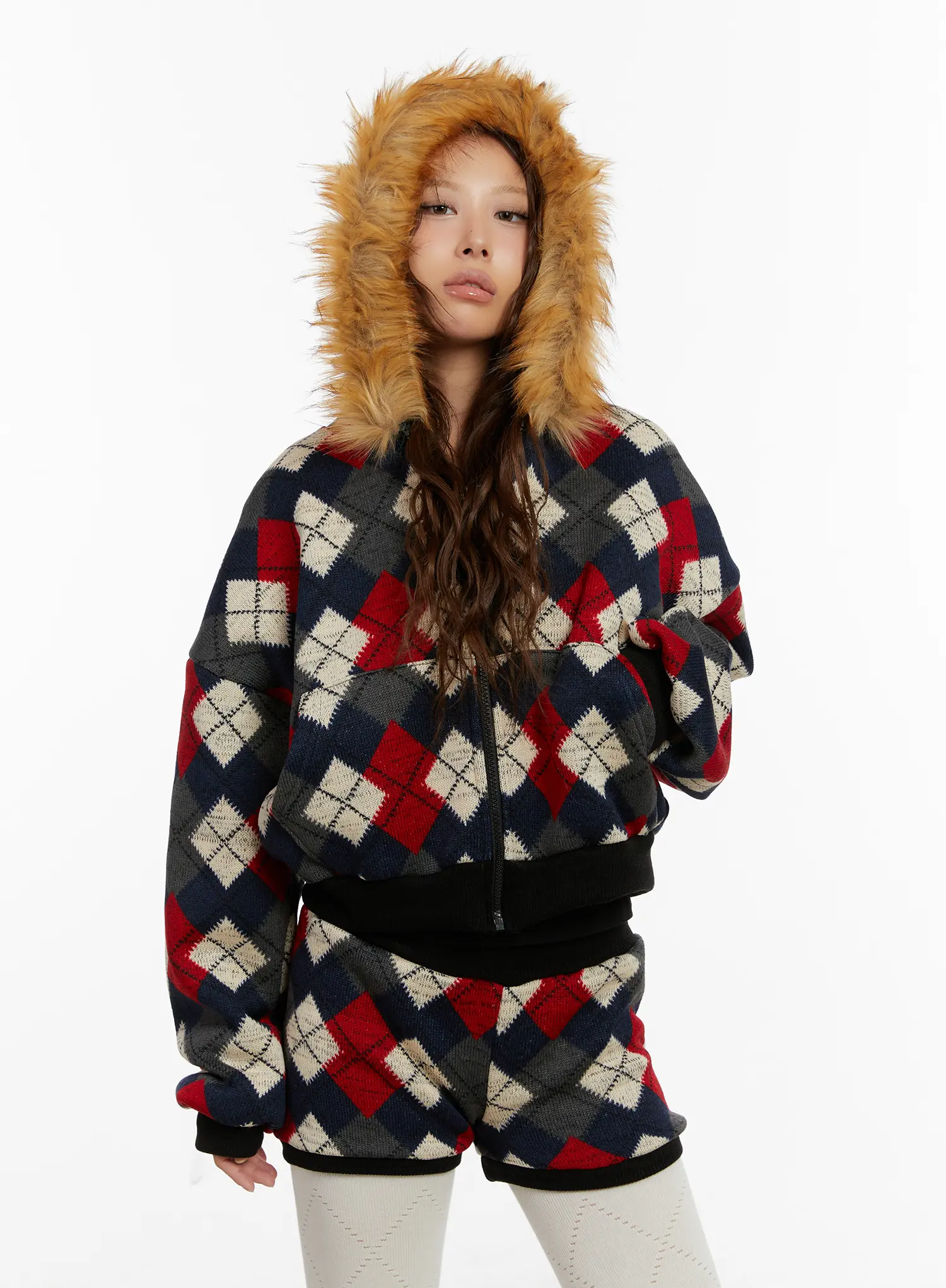 Argyle Faux Fur Trim Zip-Up Hoodie CD512 - Image 2