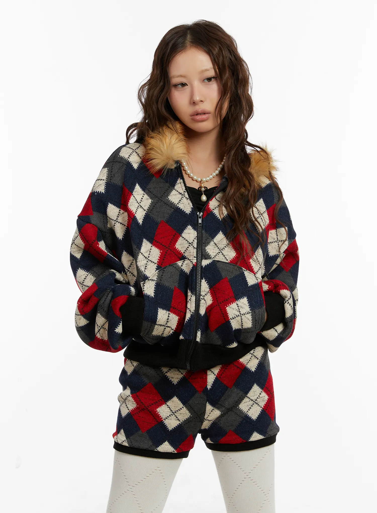 Argyle Faux Fur Trim Zip-Up Hoodie CD512 - Image 4