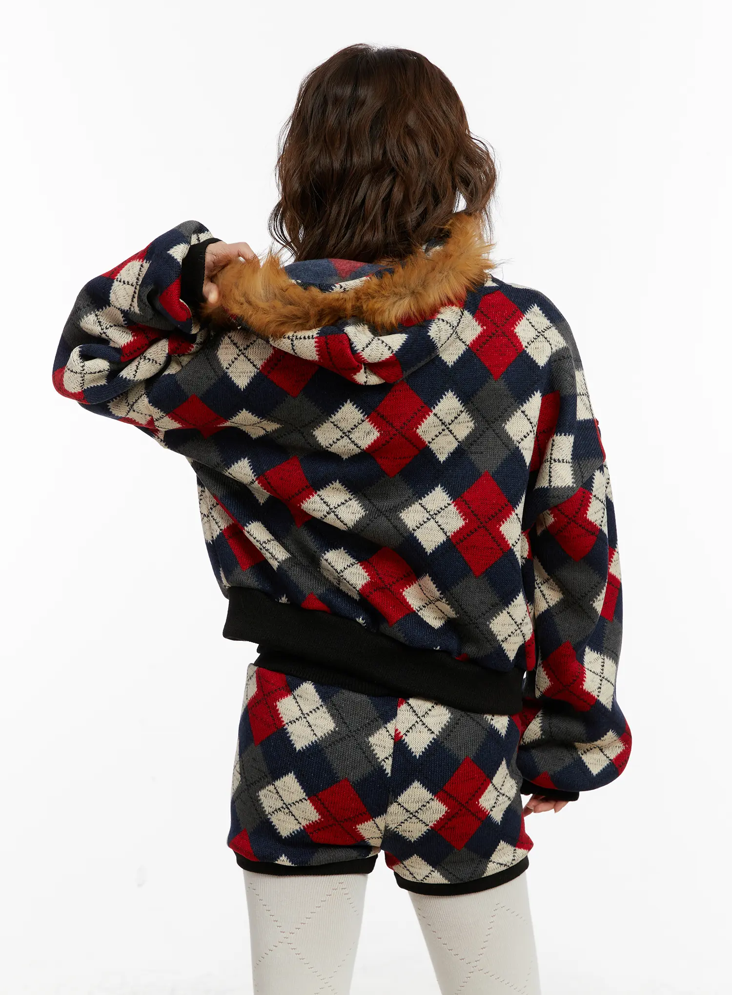 Argyle Faux Fur Trim Zip-Up Hoodie CD512 - Image 7