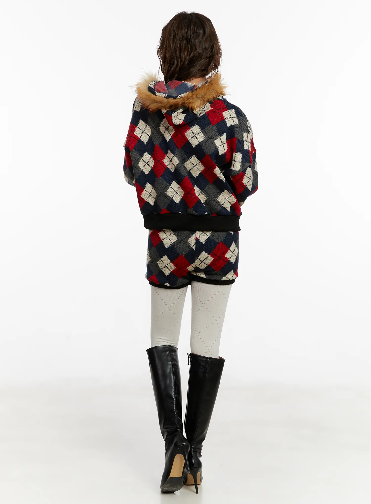 Argyle Faux Fur Trim Zip-Up Hoodie CD512 - Image 8