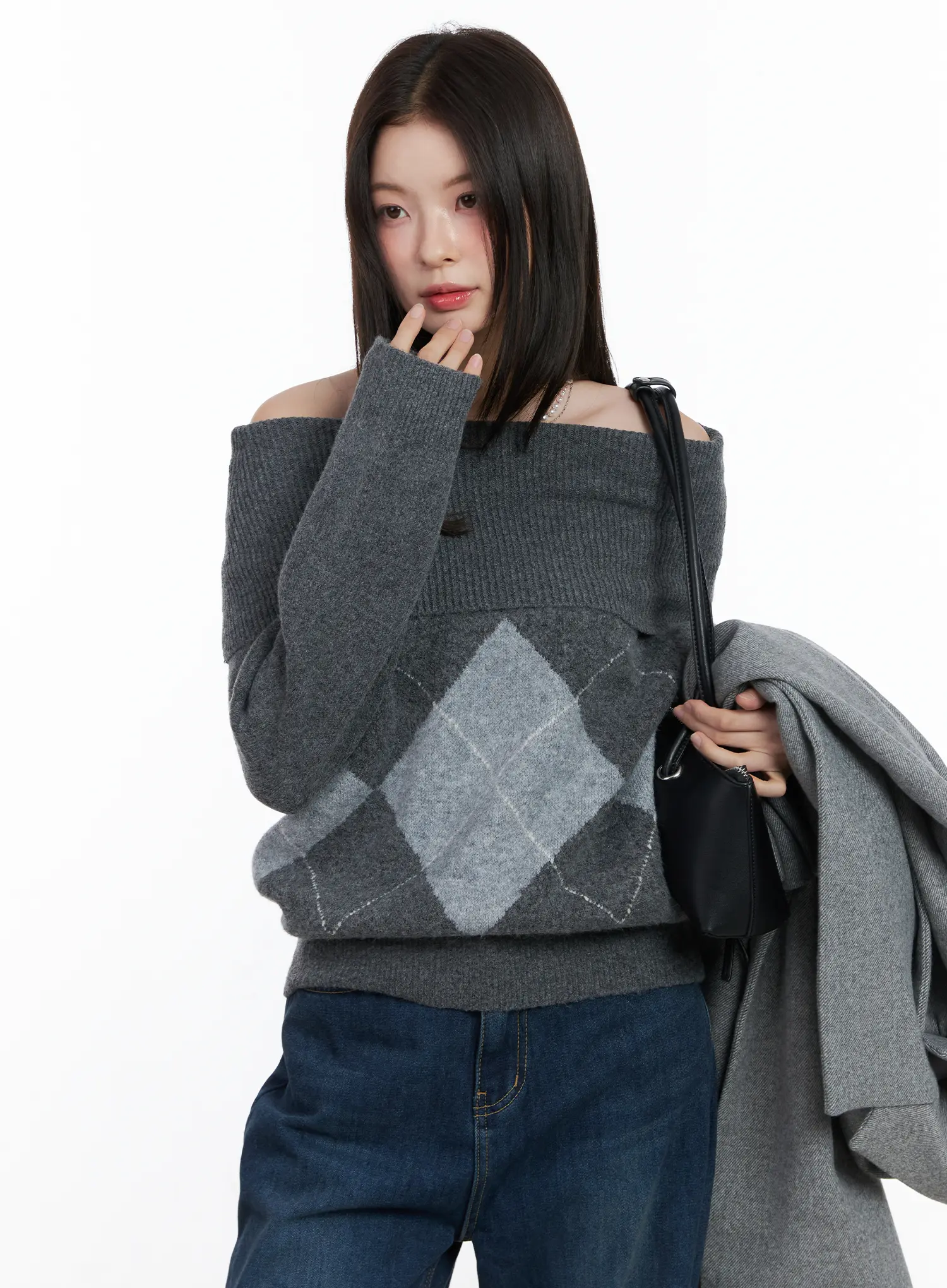 Argyle Off-Shoulder Knit Sweater CN518