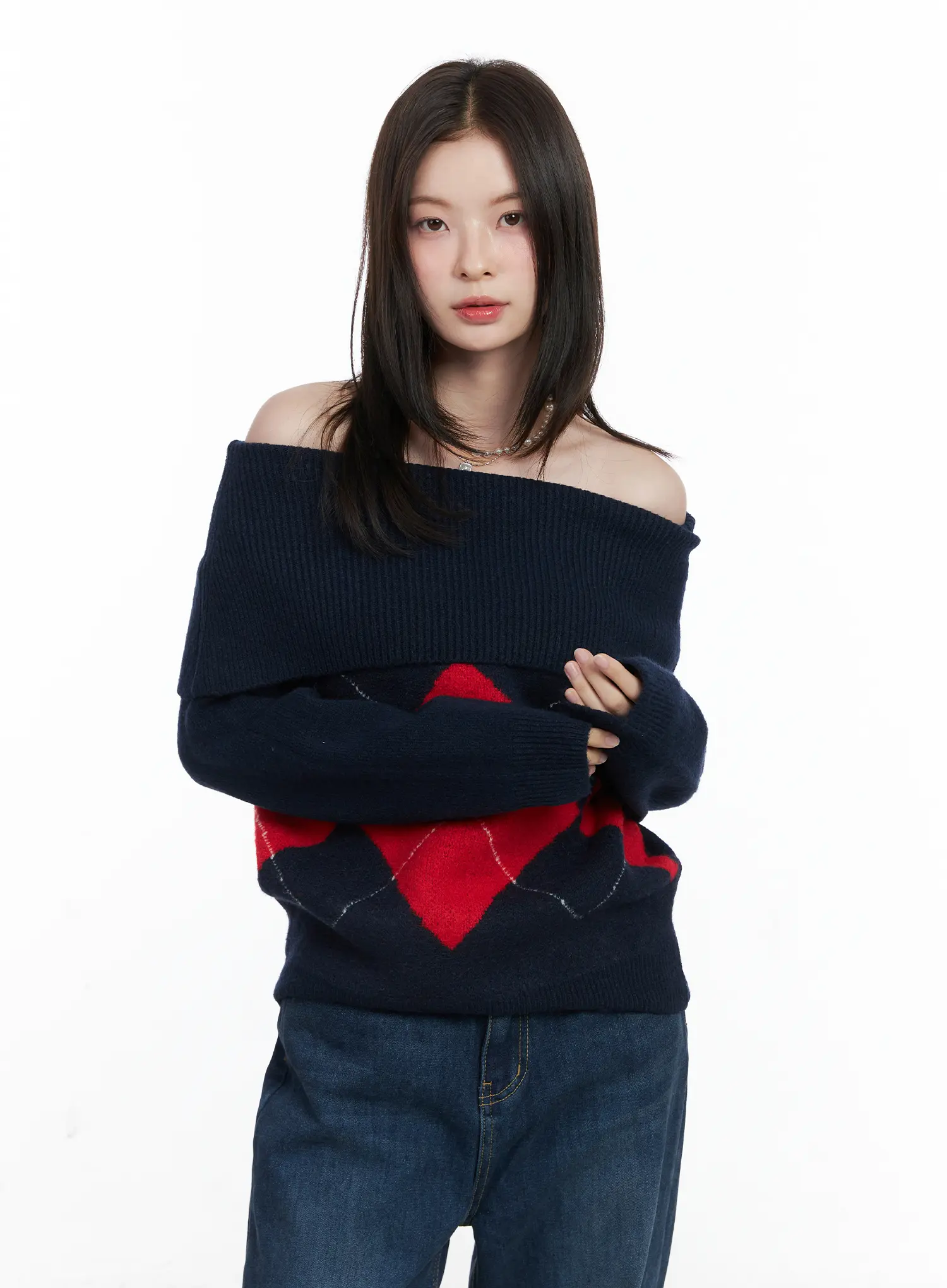 Argyle Off-Shoulder Knit Sweater CN518 - Image 10