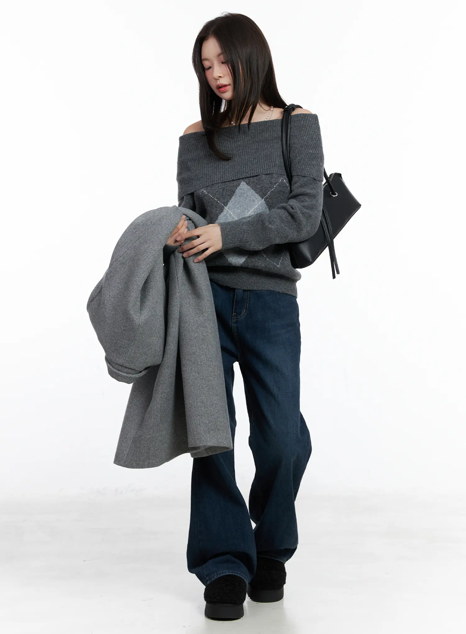 Argyle Off-Shoulder Knit Sweater CN518 - Image 2