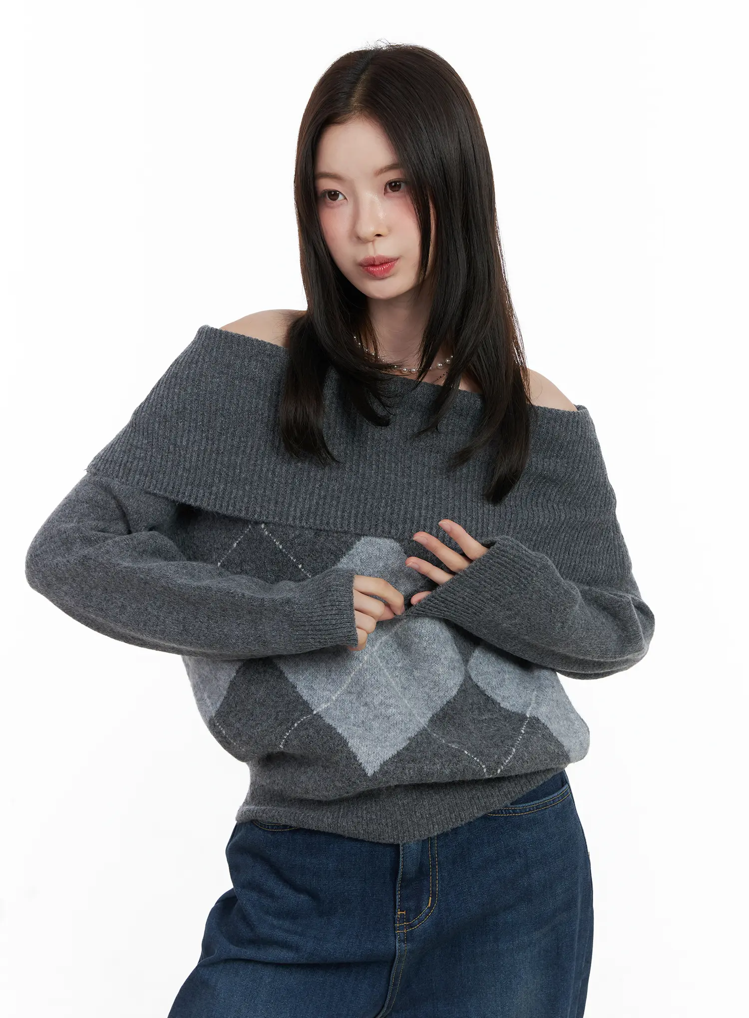 Argyle Off-Shoulder Knit Sweater CN518 - Image 4