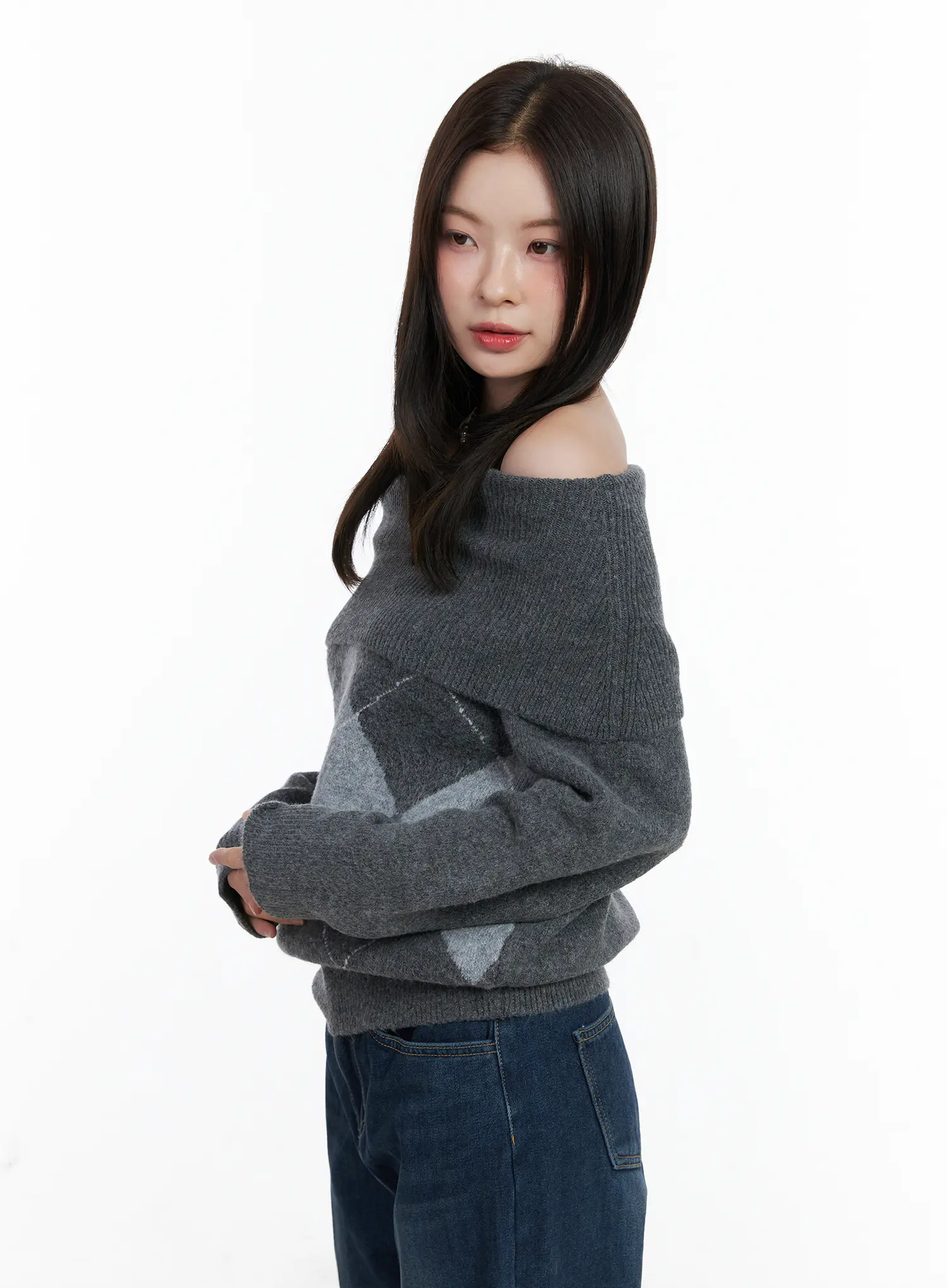 Argyle Off-Shoulder Knit Sweater CN518 - Image 5