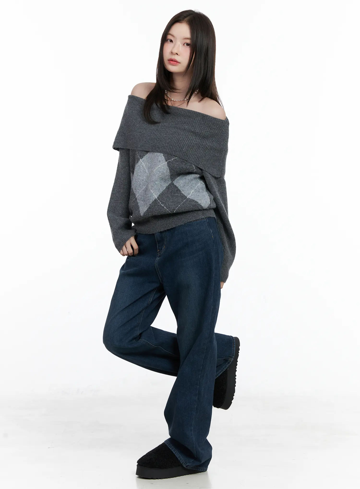 Argyle Off-Shoulder Knit Sweater CN518 - Image 6