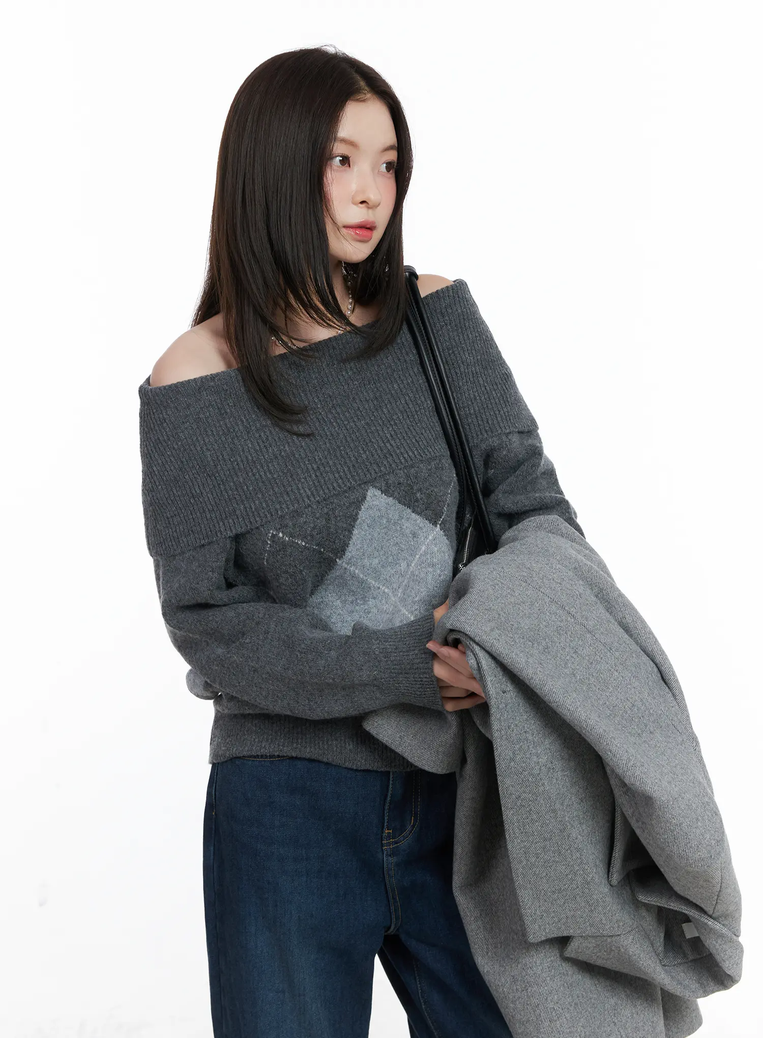 Argyle Off-Shoulder Knit Sweater CN518 - Image 8