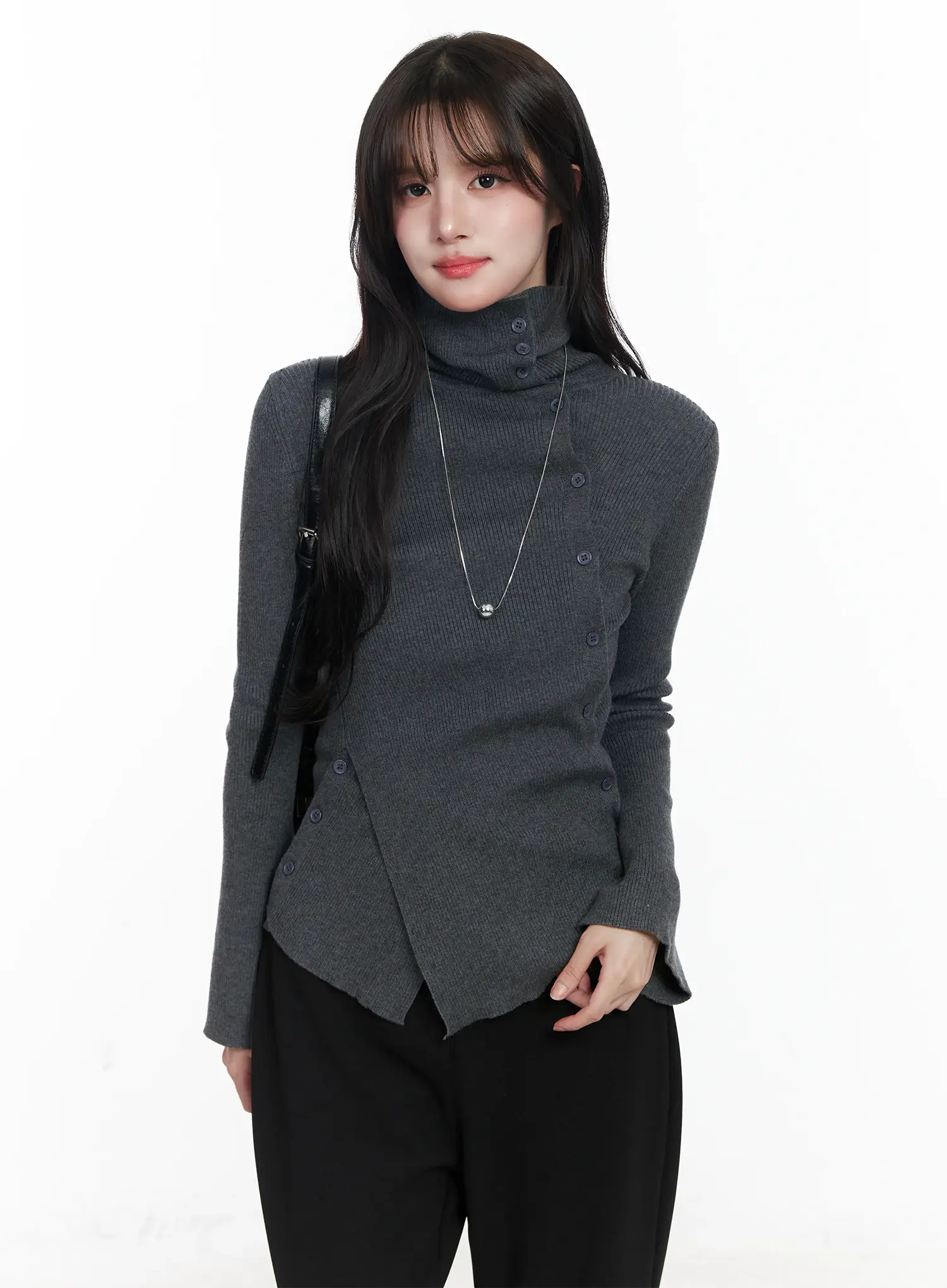 Asymmetric Buttoned Knit Top IJ529