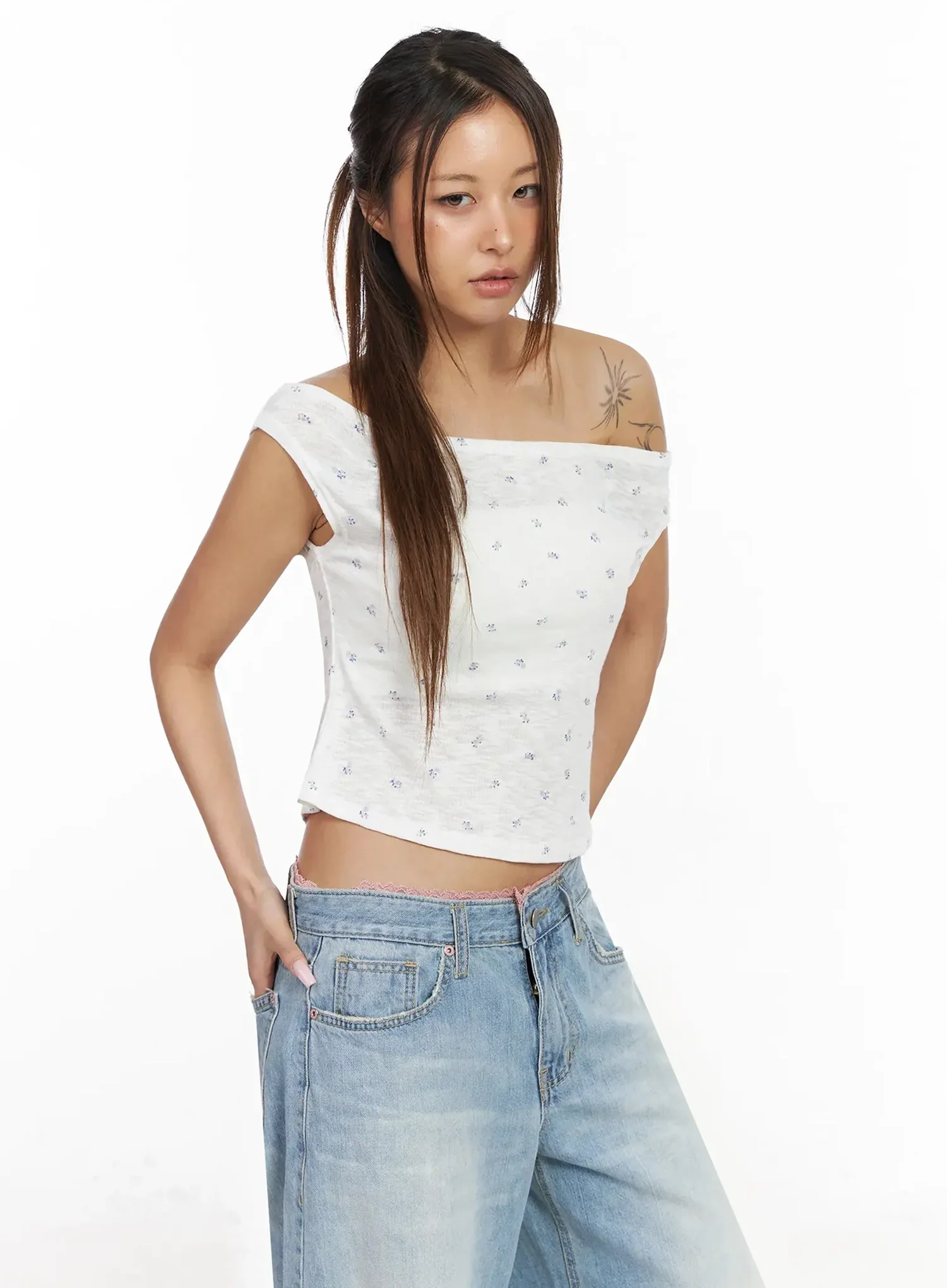 Asymmetric Floral Off-Shoulder Crop Top IY514 - Image 8