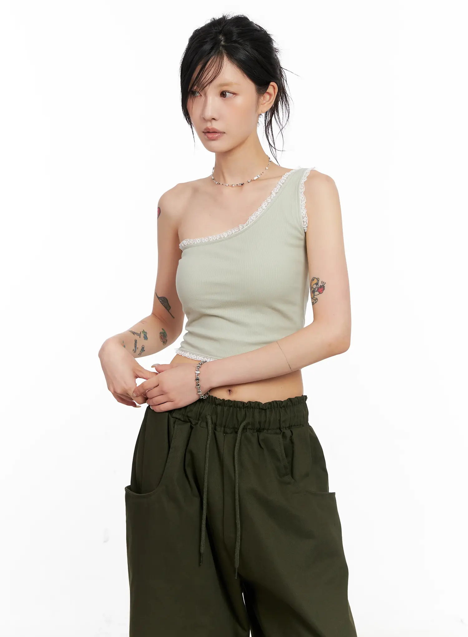 Asymmetric Lace-Trim Ribbed Top CL525 - Image 11