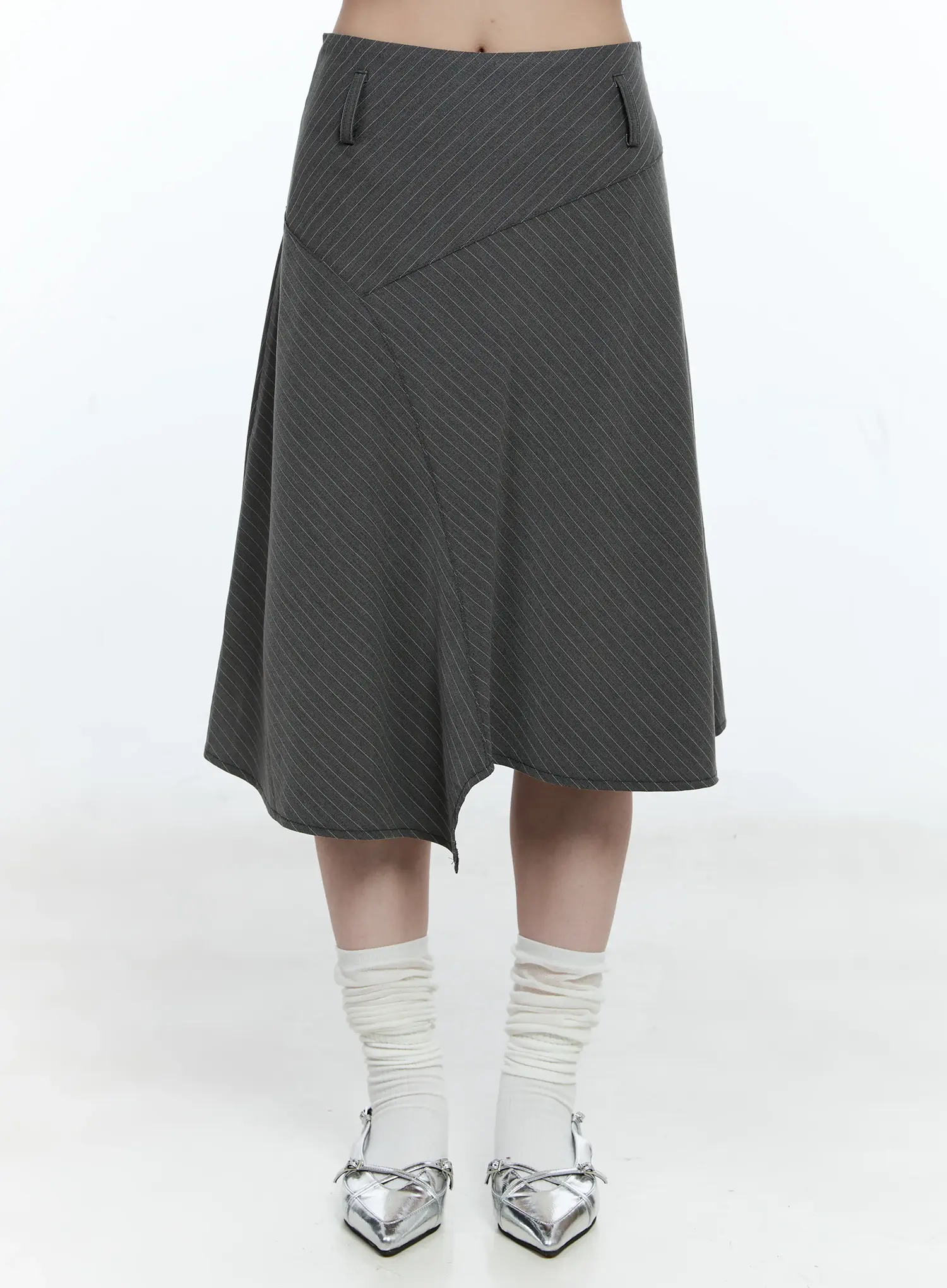 Asymmetric Pinstripe Midi Skirt CG511