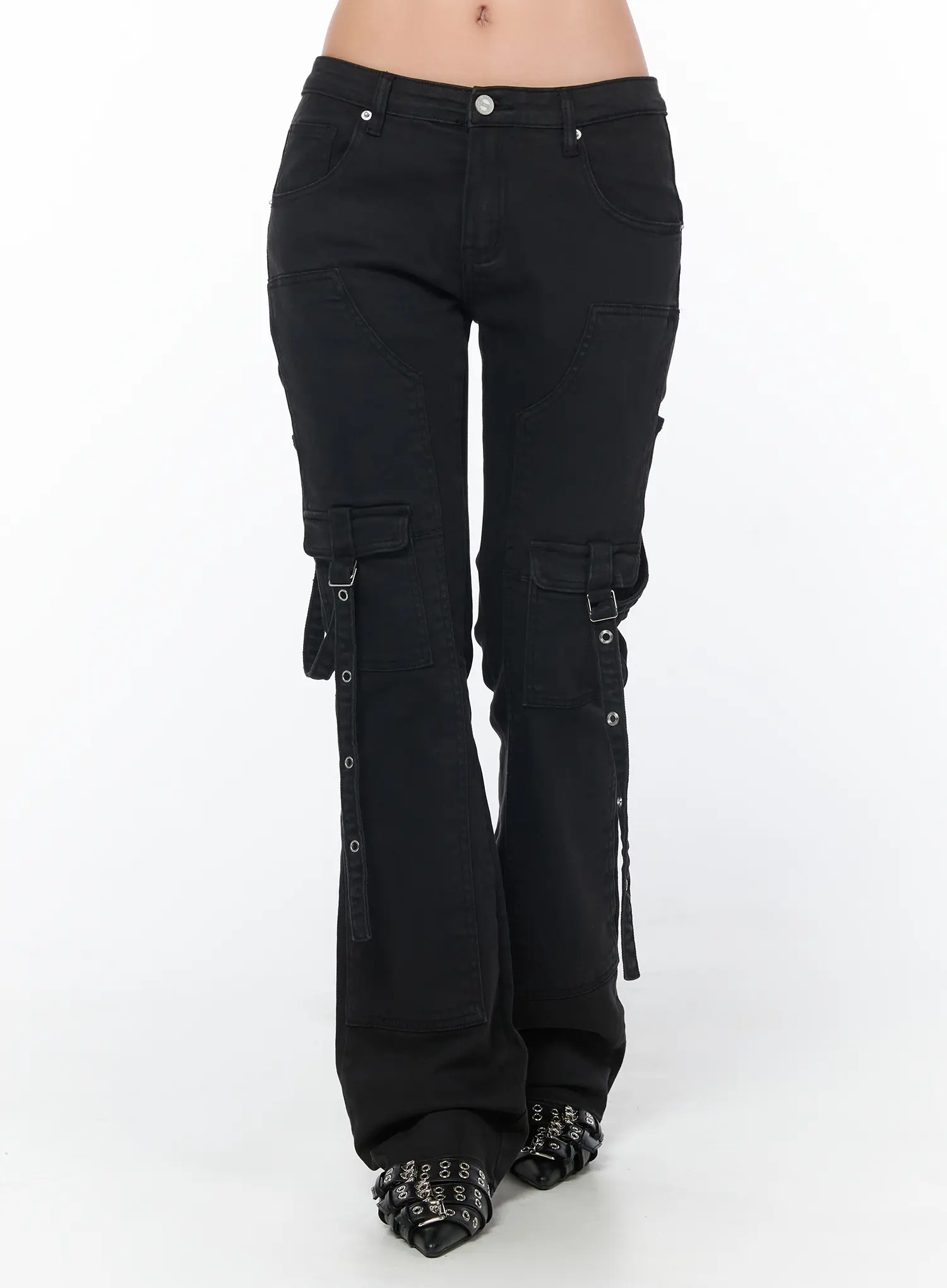 Black Bucle Bootcut Cargo Pants CY513