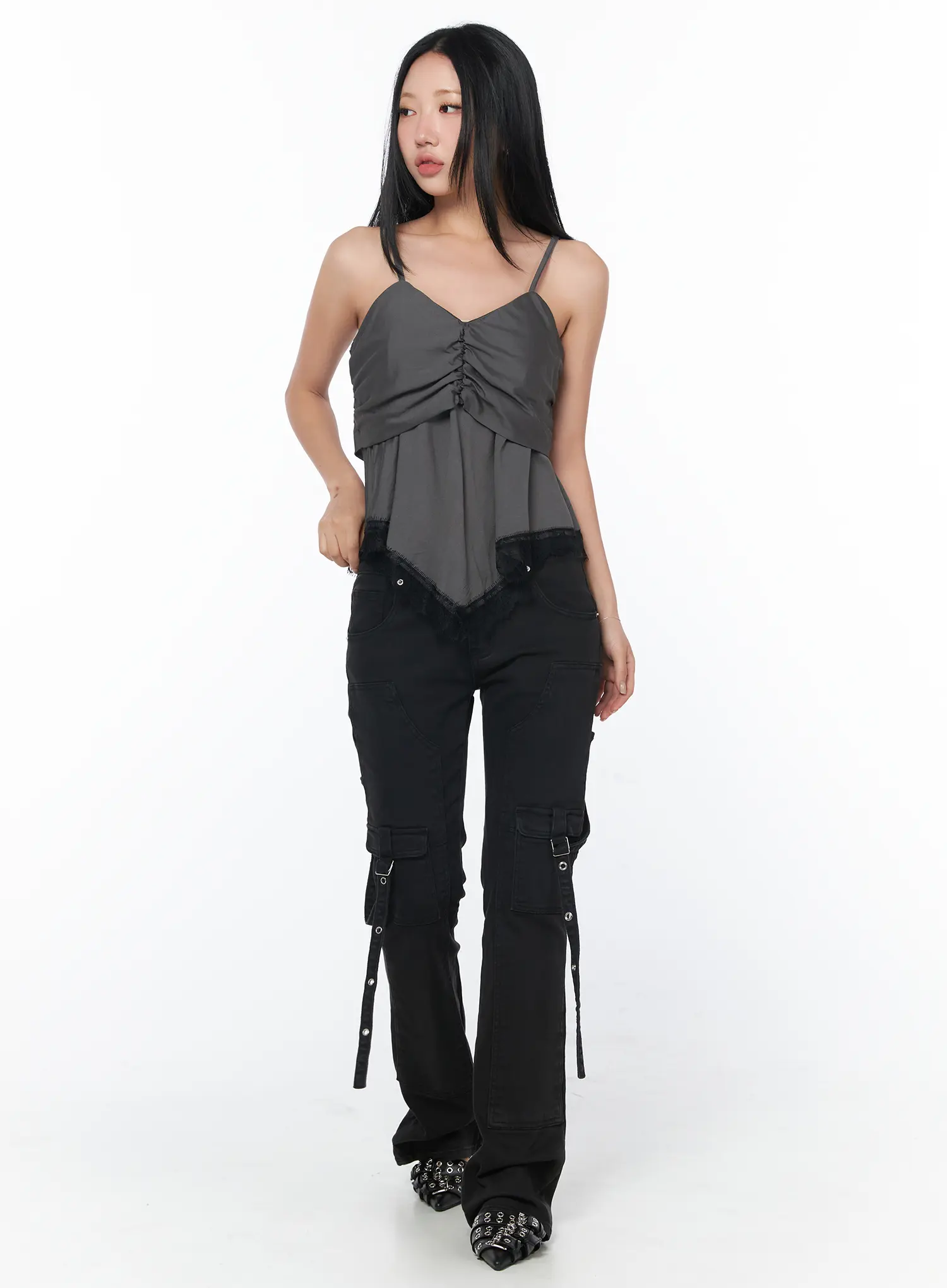 Black Bucle Bootcut Cargo Pants CY513 - Image 6