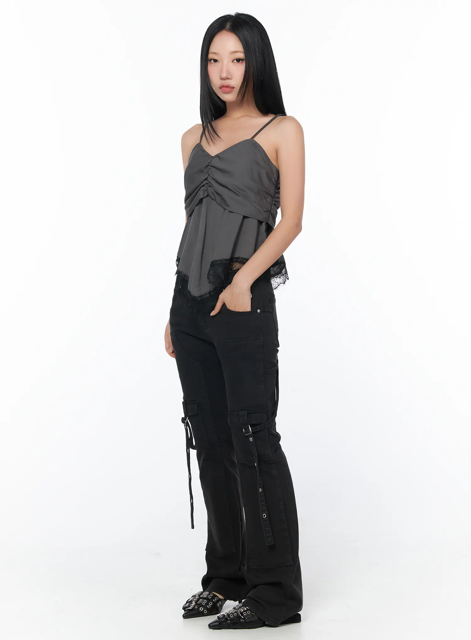 Black Bucle Bootcut Cargo Pants CY513 - Image 7