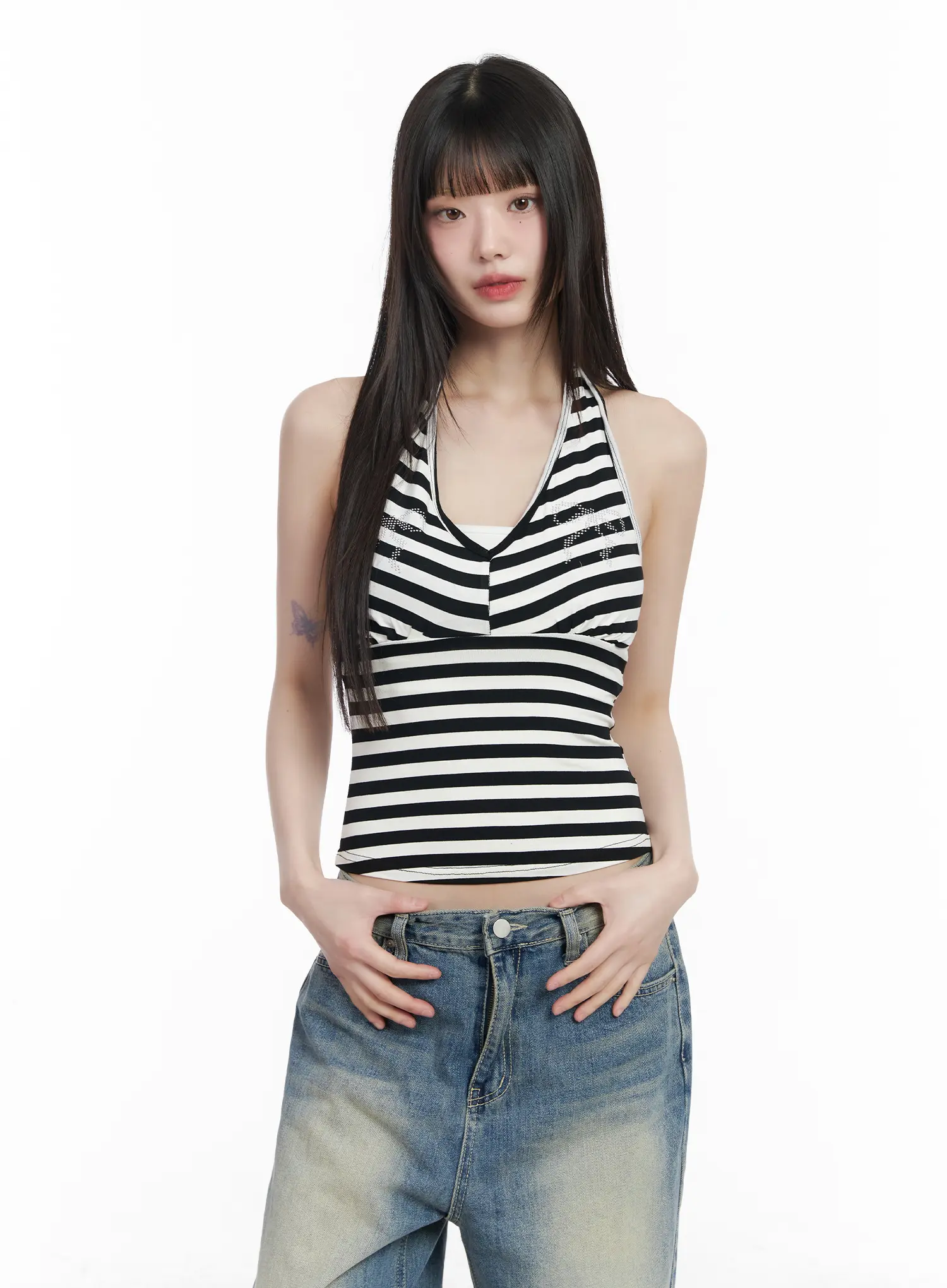 Bow Embellished Stripe Padded Halter Top CM524 - Image 2