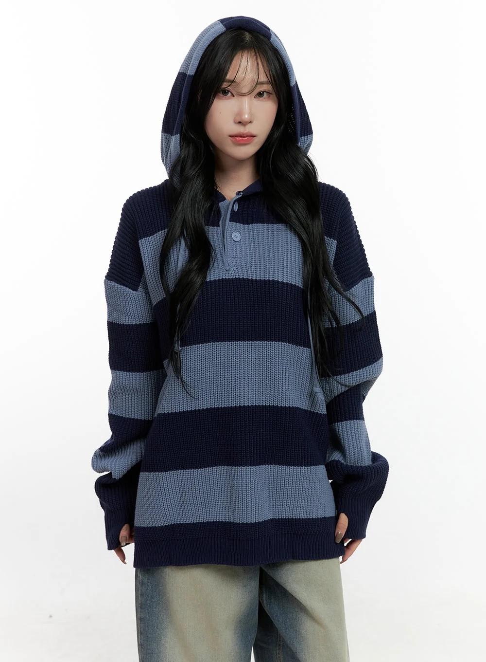 Buttoned Stripe Hoodie Sweater CN408