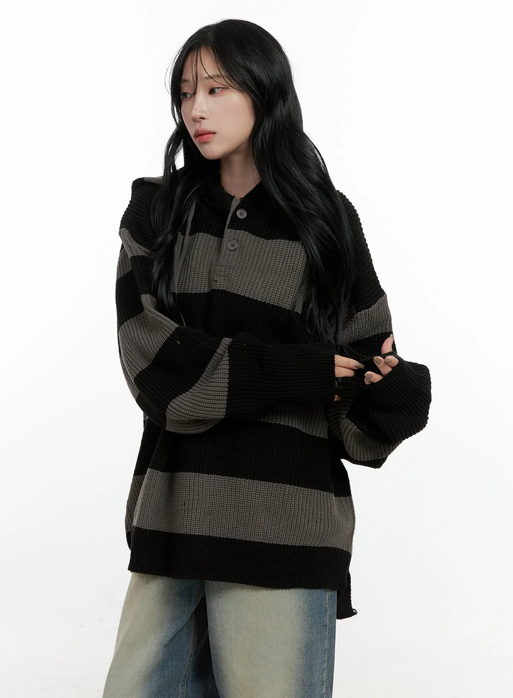 Buttoned Stripe Hoodie Sweater CN408 - Image 10