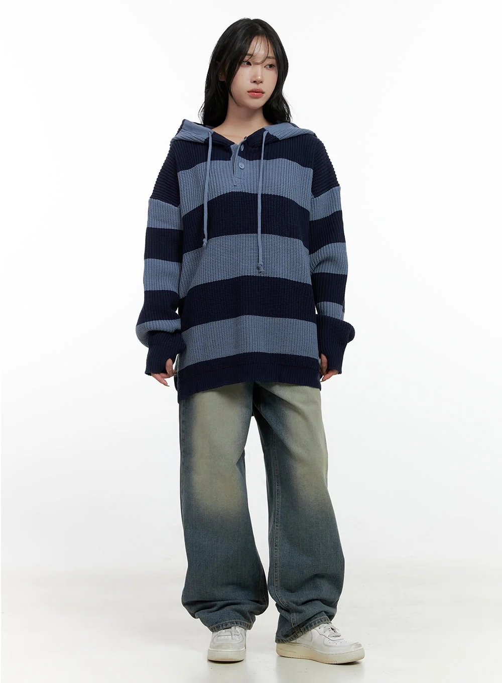 Buttoned Stripe Hoodie Sweater CN408 - Image 2