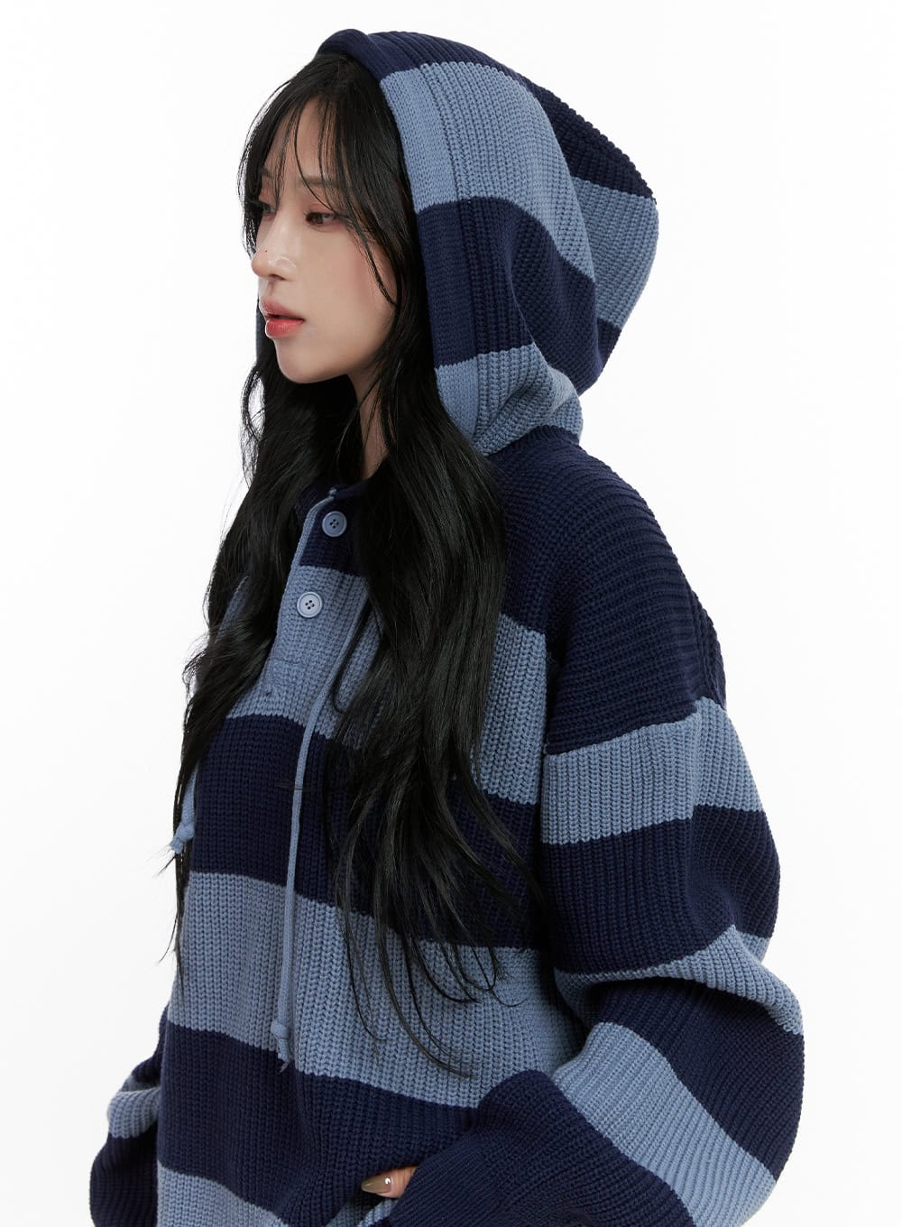 Buttoned Stripe Hoodie Sweater CN408 - Image 3