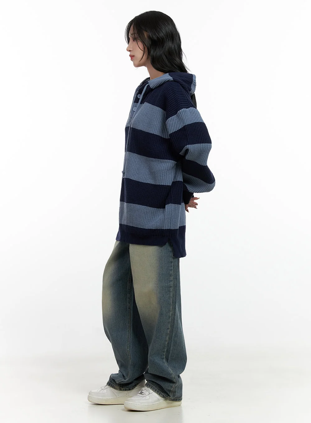 Buttoned Stripe Hoodie Sweater CN408 - Image 6