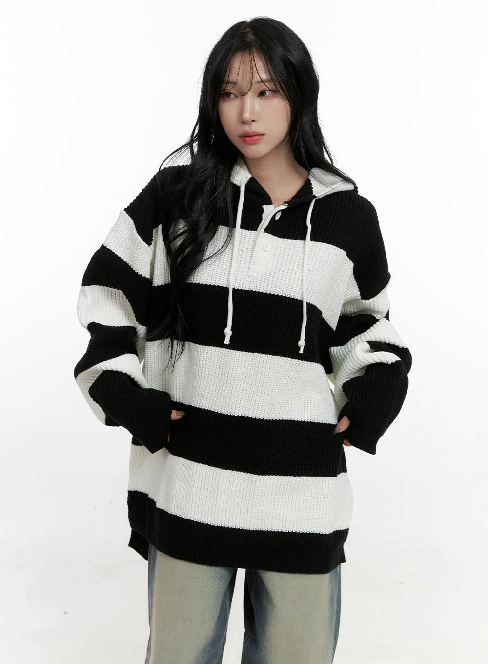 Buttoned Stripe Hoodie Sweater CN408 - Image 9