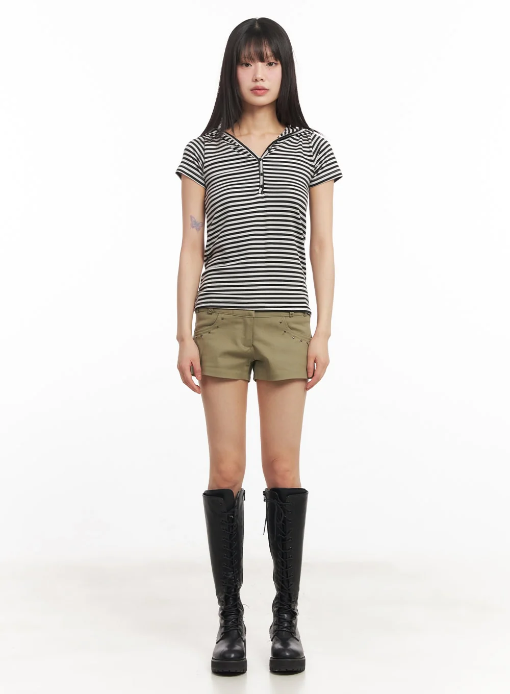 Buttoned Striped Hooded T-Shirt CA523 - Image 5