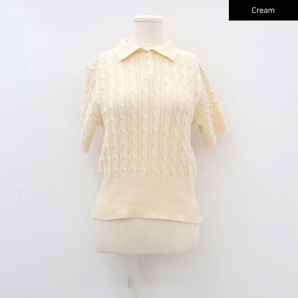 Cable Knit Collared Short-sleeve Sweater CA01 - Image 21