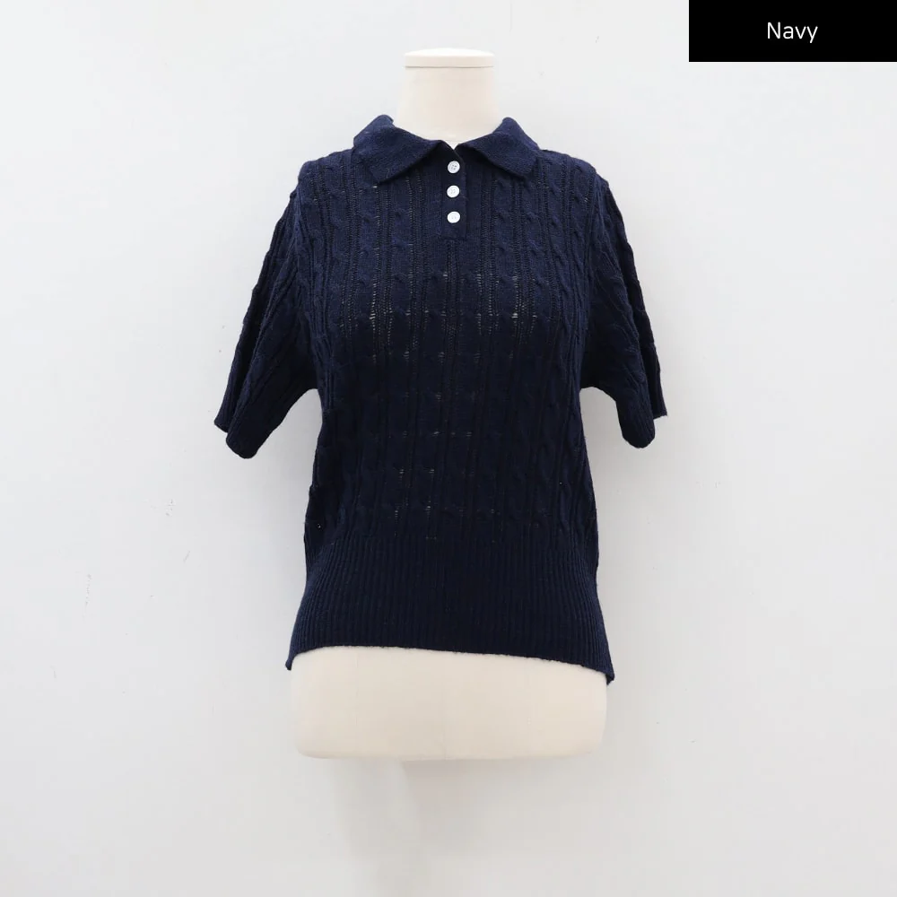 Cable Knit Collared Short-sleeve Sweater CA01 - Image 23