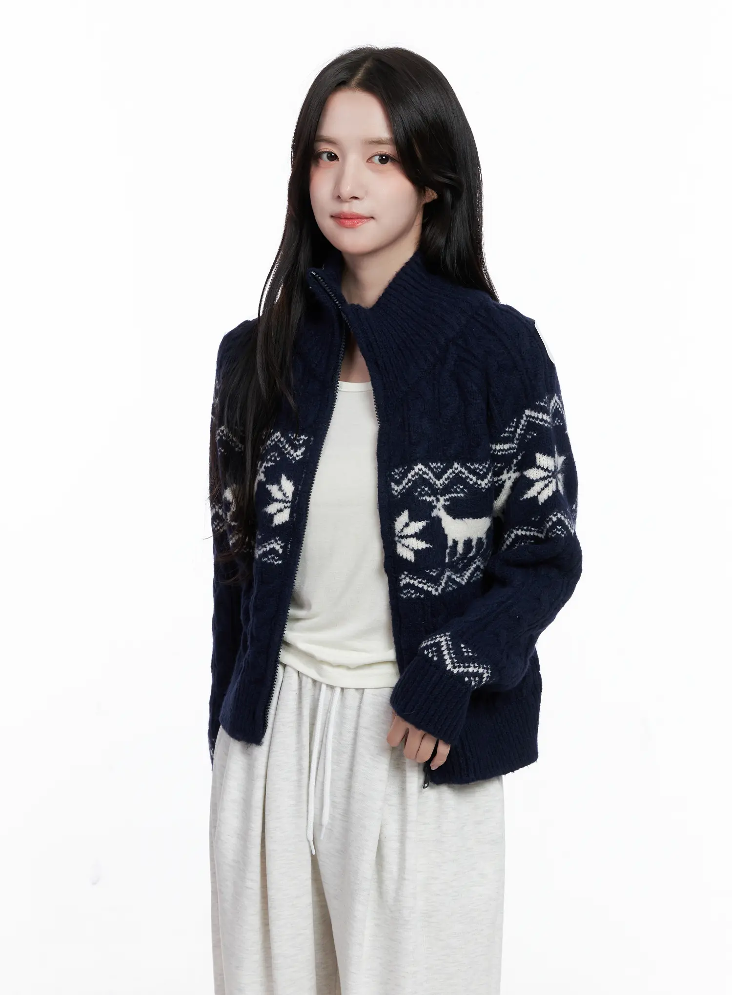 Cable Knit Funnel Neck Zip-Up Sweater CS523 - Image 8