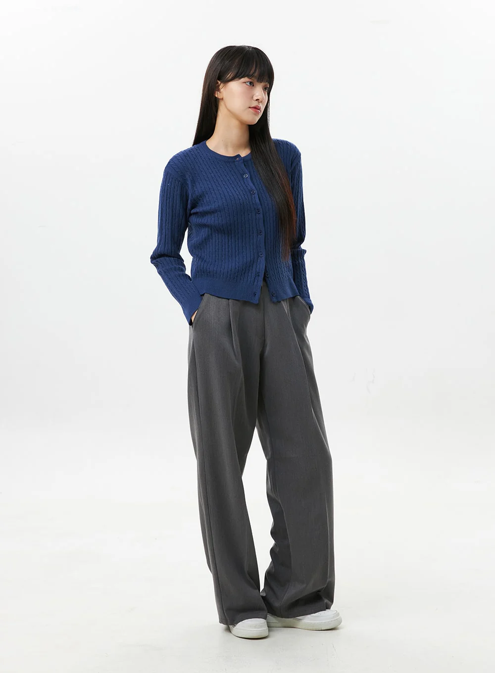 Cable Knit Round Neck Cardigan OS305 - Image 6