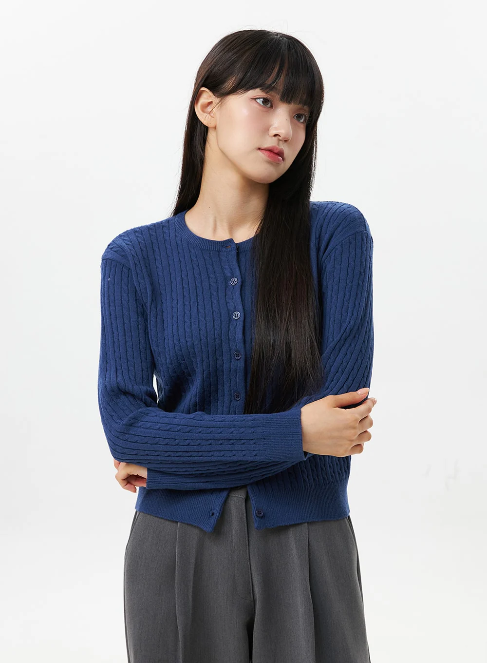 Cable Knit Round Neck Cardigan OS305 - Image 8