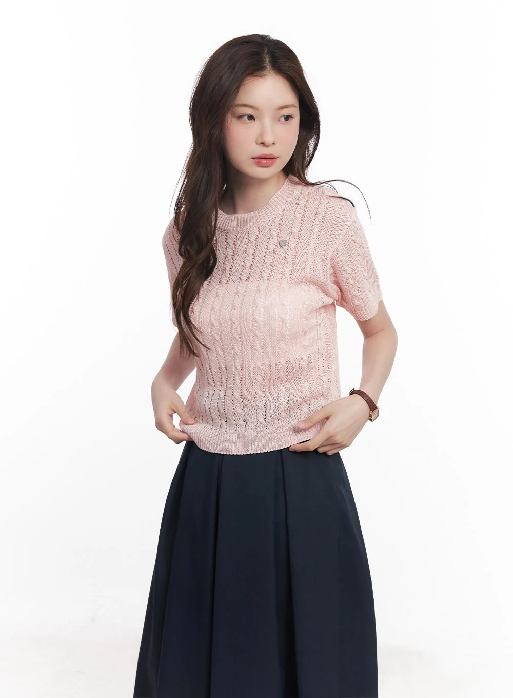 Cable-Knit Short-Sleeve Sweater CY515 - Image 11