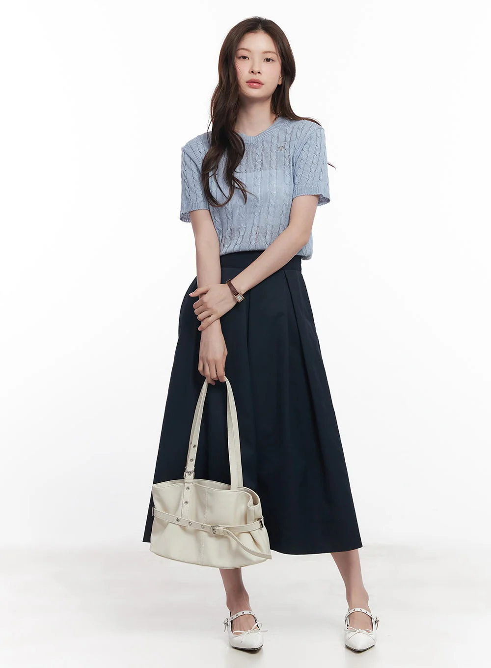 Cable-Knit Short-Sleeve Sweater CY515 - Image 2