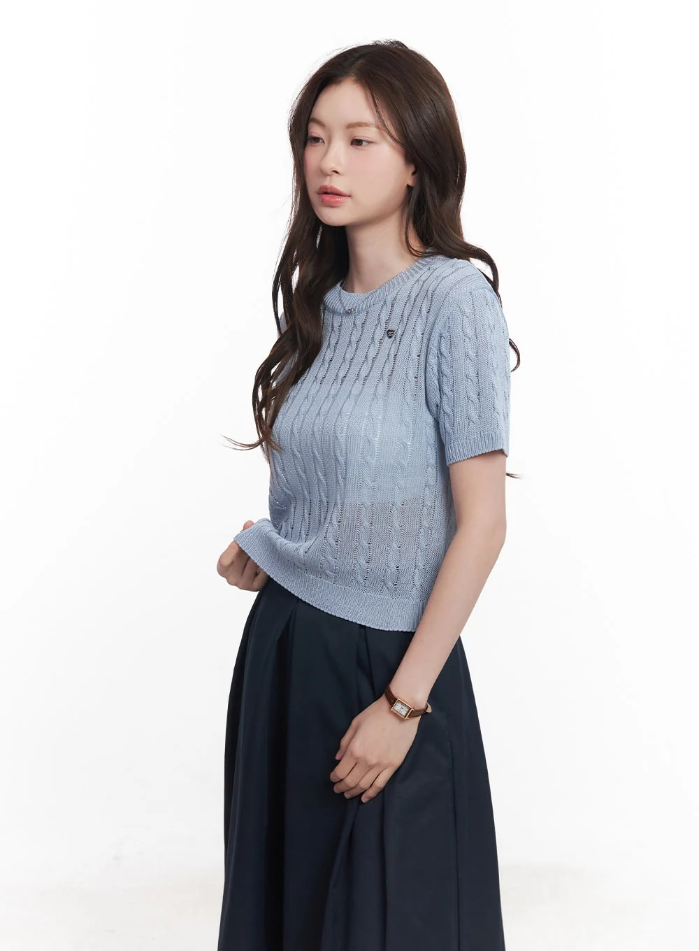 Cable-Knit Short-Sleeve Sweater CY515 - Image 5