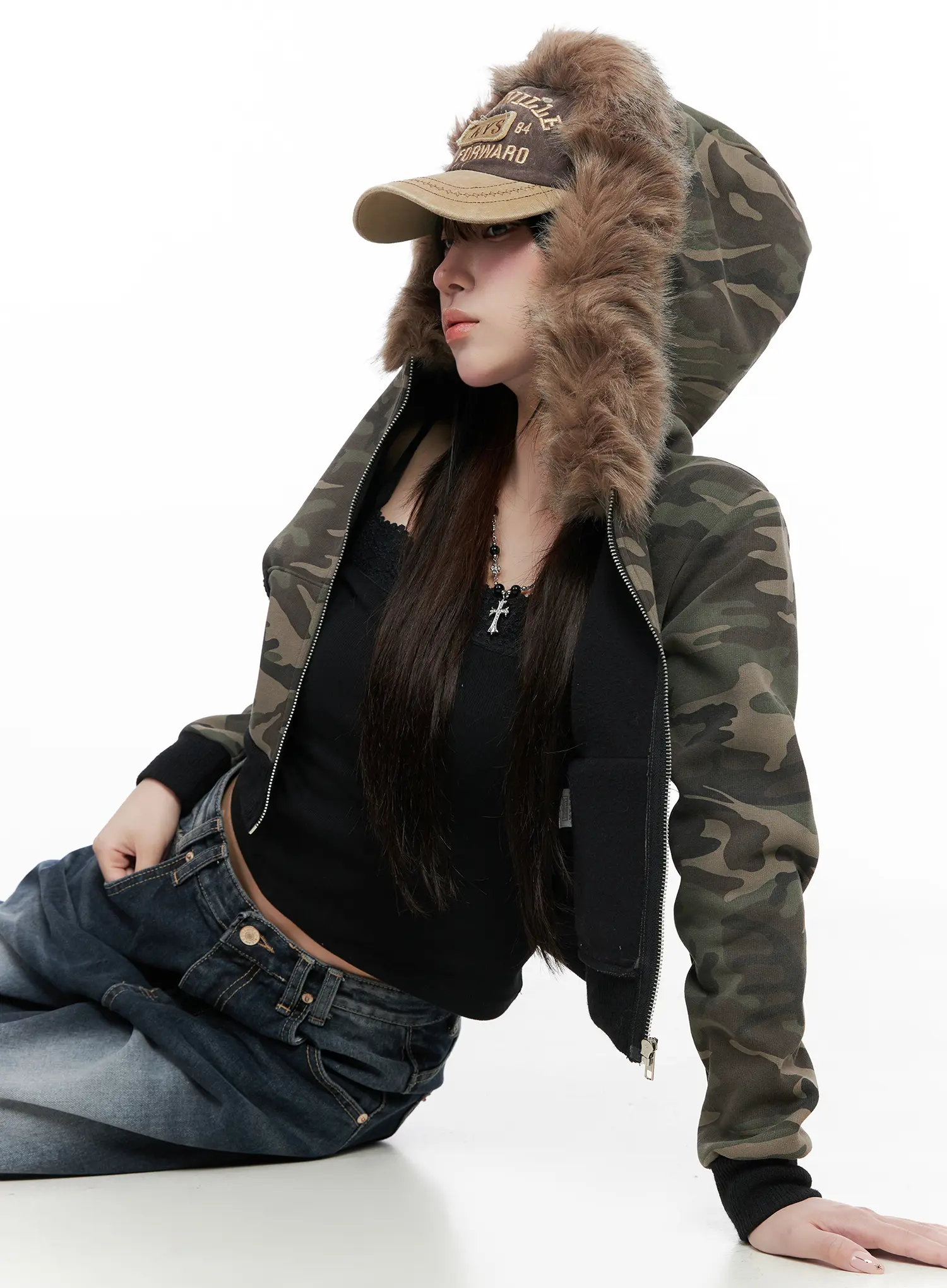 Camo Faux Fur Crop Zip-Up Hoodie CO521