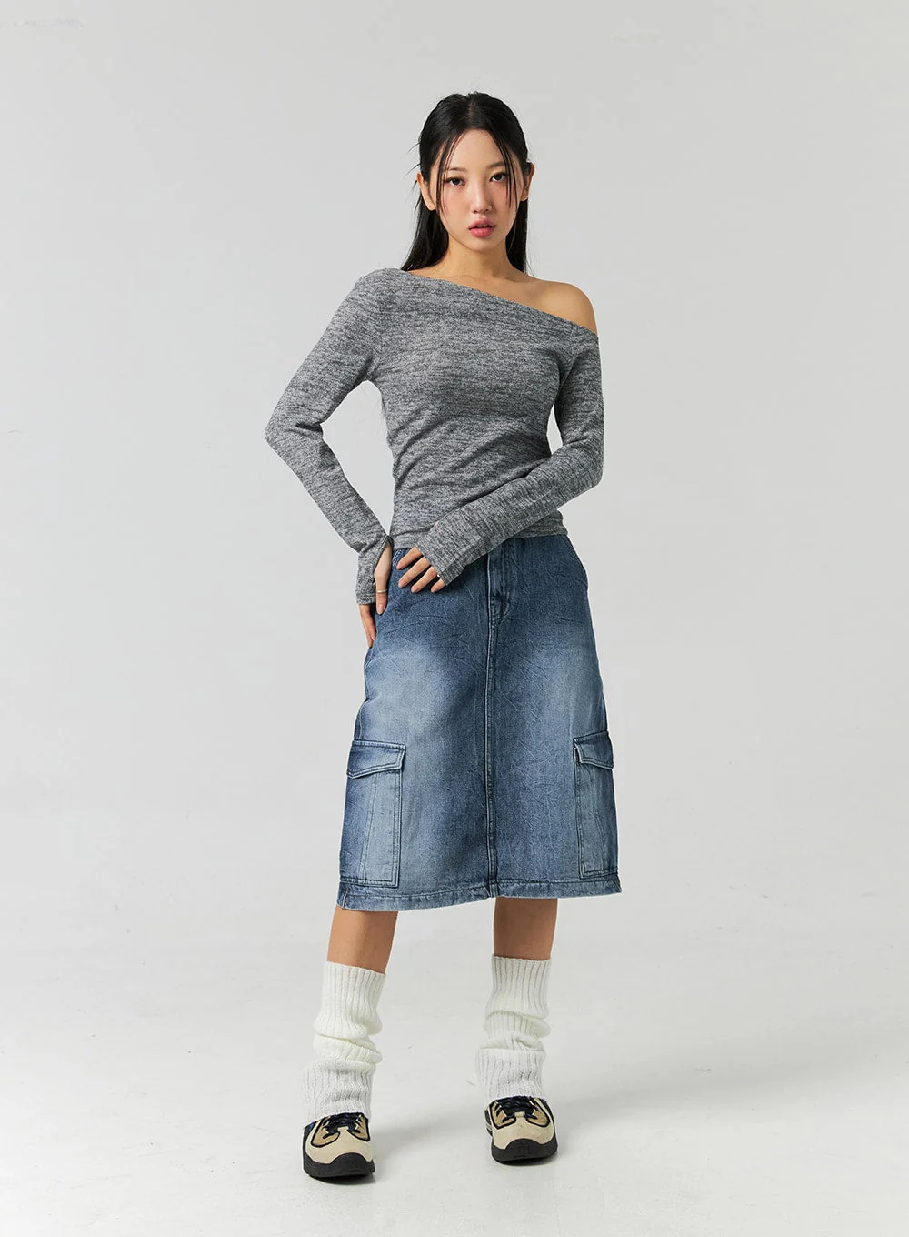 Cargo Washed Denim Midi Skirt CO323 - Image 8