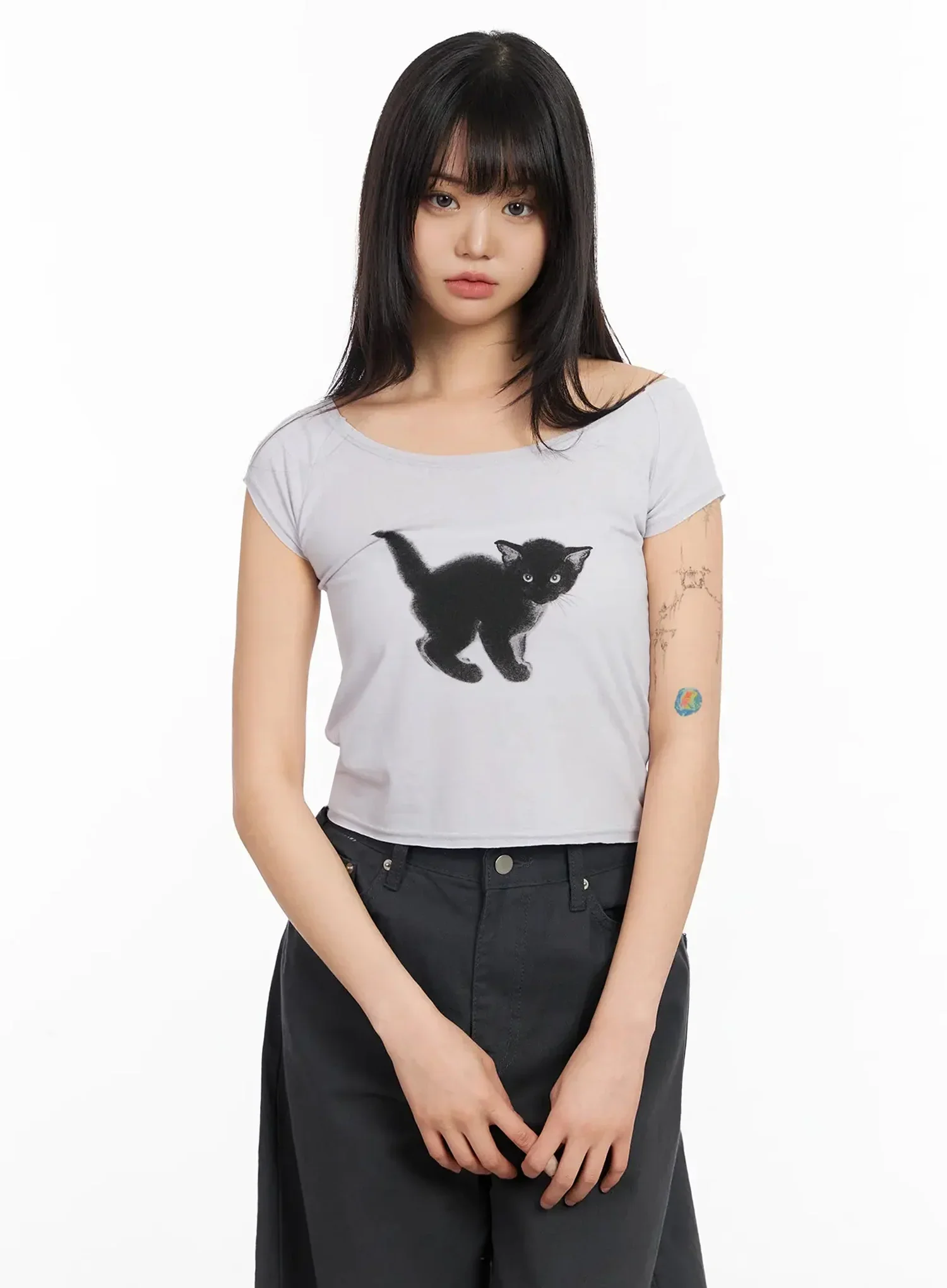 Cat Graphic Off-Shoulder Crop Top IA523 - Image 7