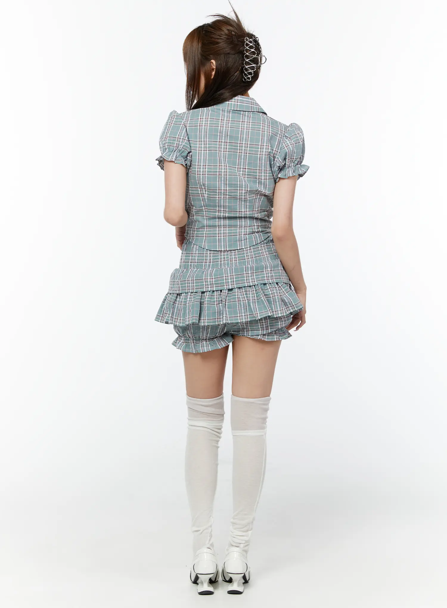 Check Puff Sleeve Crop Blouse CY518 - Image 5