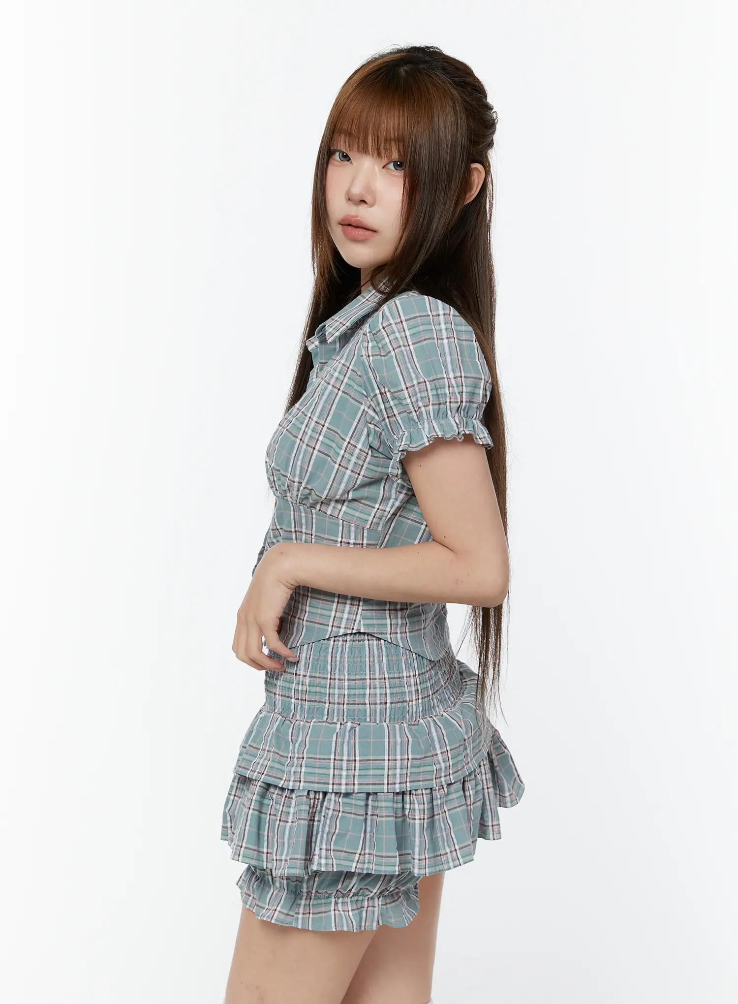 Check Puff Sleeve Crop Blouse CY518 - Image 6