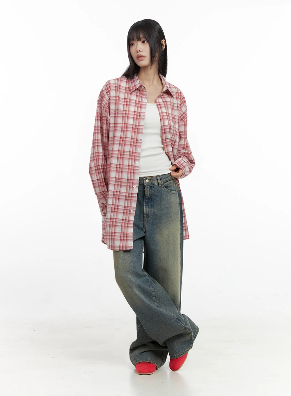 Checkered Cotton Oversized Shirt IO430 - Image 7