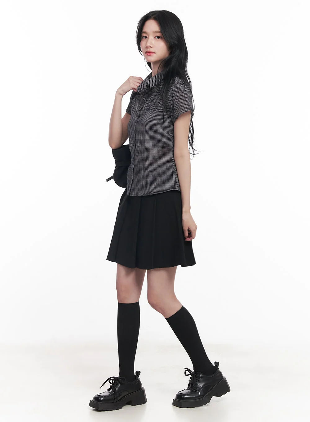 Checkered Puff Button Blouse Top CY526 - Image 2