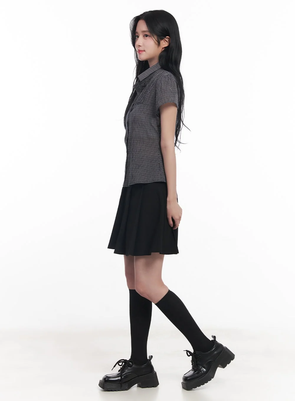 Checkered Puff Button Blouse Top CY526 - Image 3