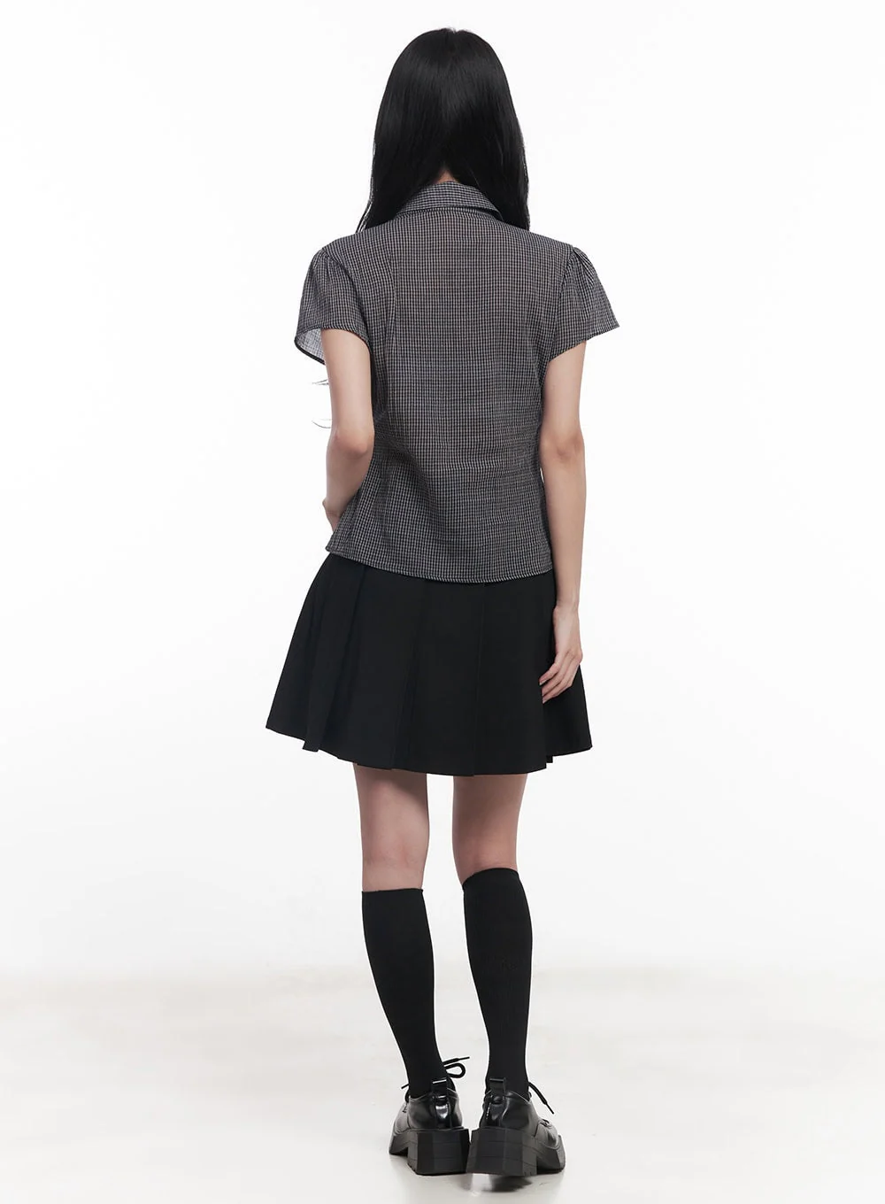 Checkered Puff Button Blouse Top CY526 - Image 4