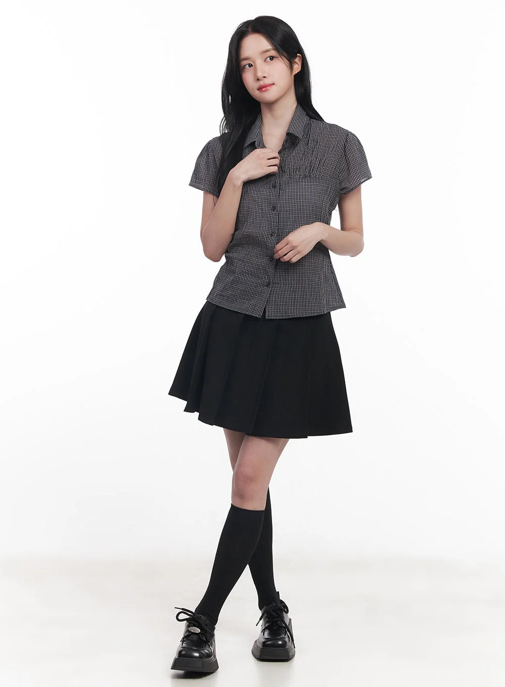 Checkered Puff Button Blouse Top CY526 - Image 5