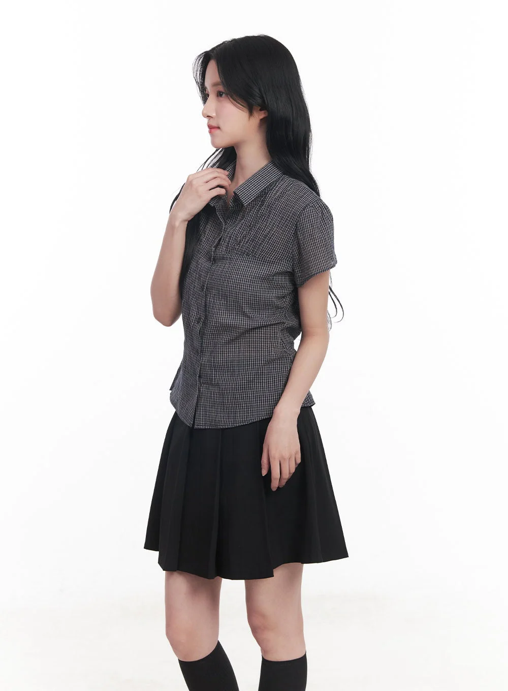 Checkered Puff Button Blouse Top CY526 - Image 6