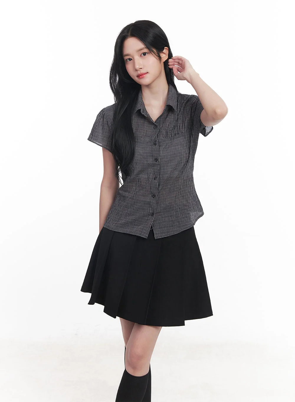 Checkered Puff Button Blouse Top CY526 - Image 9