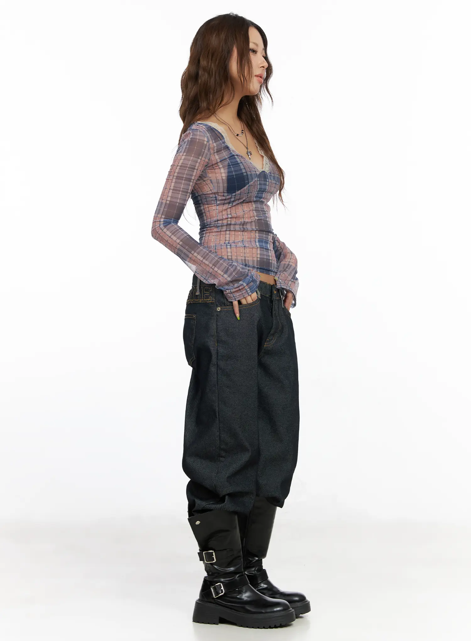 Checkered V-Neck Long Sleeve Top CF512 - Image 7
