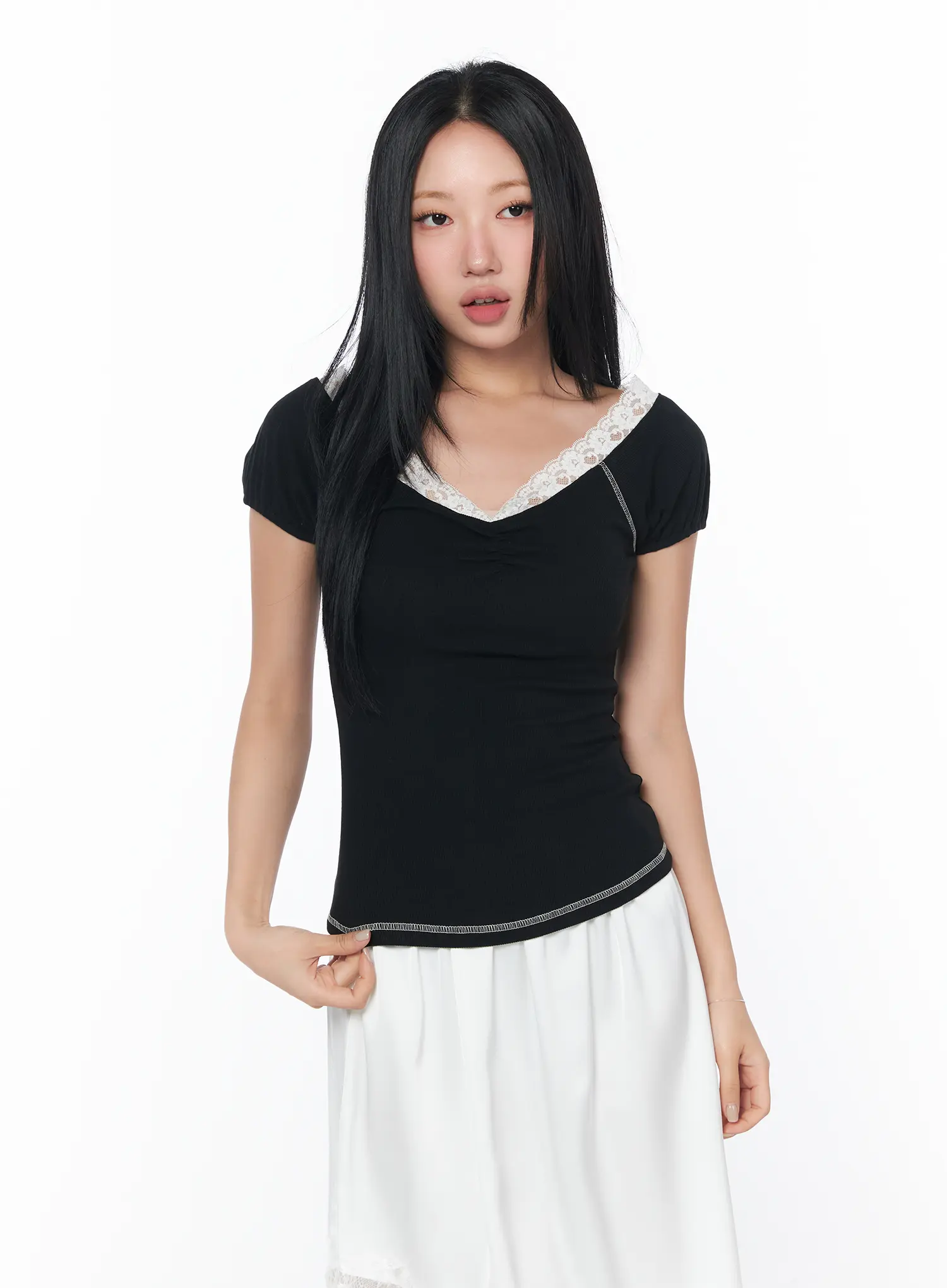 Chic Lace-Trimmed Shirred Tee CY512 - Image 12